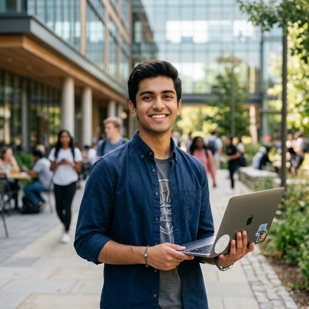Confident Indian student holding a laptop